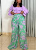 Casual Print Strap Design Square Neck Long Sleeve Two Pieces