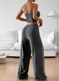 Sexy Ribbed Busty Slit Top Straight Trousers Set