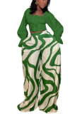 Casual Print Strap Design Square Neck Long Sleeve Two Pieces