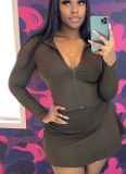 Sexy Solid Color Zipper Zipper Collar Long Sleeve Two Pieces
