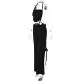 Sexy Backless Halter Neck Tube Top Gathered Pleated Tie Rope Wide Leg Jumpsuit