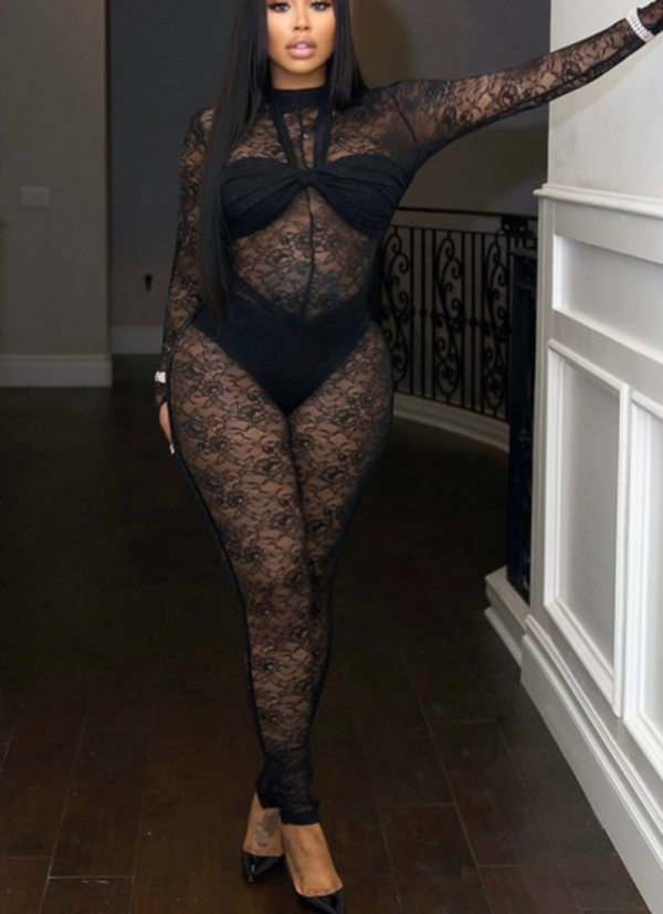Black Sexy Solid Color Lace O Neck Skinny Jumpsuits
