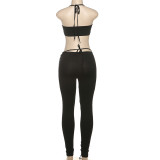Sexy Solid Color Halter Neck Lace-up Vest With Trousers Two-piece Set