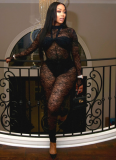 Black Sexy Solid Color Lace O Neck Skinny Jumpsuits