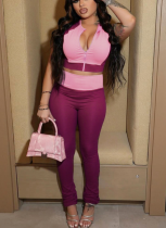 Fashion Contrast Color Dropped Shoulder Round Neck Zipper High Waist Slightly Flared Trousers Suit