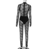 Black Sexy Solid Color Lace O Neck Skinny Jumpsuits