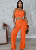 Sexy Backless Halter Neck Tube Top Gathered Pleated Tie Rope Wide Leg Jumpsuit