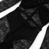 Black Sexy Solid Color Lace O Neck Skinny Jumpsuits