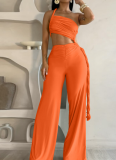 Sexy Backless Halter Neck Tube Top Gathered Pleated Tie Rope Wide Leg Jumpsuit