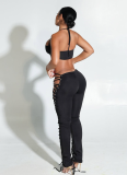 Sexy Solid Color Halter Neck Lace-up Vest With Trousers Two-piece Set