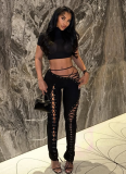 Sexy Solid Color Halter Neck Lace-up Vest With Trousers Two-piece Set
