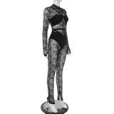 Black Sexy Solid Color Lace O Neck Skinny Jumpsuits