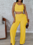 Sexy Backless Halter Neck Tube Top Gathered Pleated Tie Rope Wide Leg Jumpsuit