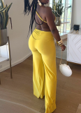 Sexy Backless Halter Neck Tube Top Gathered Pleated Tie Rope Wide Leg Jumpsuit