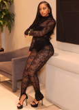 Black Sexy Solid Color Lace O Neck Skinny Jumpsuits