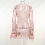 Sexy Fur Sleeves Shimmering Mesh Dress