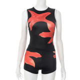 Casual Printed Round Neck Sleeveless Navel Top Shorts Two-piece Set