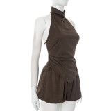 Sexy Faux Suede Halter Neck Top With Open Back and Flower Bud Shorts Two-piece Set