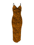 Sexy Leopard Print Backless Slit Spaghetti Strap Long Dresses