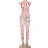 Sexy Hot Girl Sleeveless Leopard Print Deep V-neck Backless Tight Jumpsuit