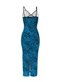 Sexy Leopard Print Backless Slit Spaghetti Strap Long Dresses