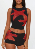 Casual Printed Round Neck Sleeveless Navel Top Shorts Two-piece Set