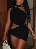 Sexy Splicing Backless Lace-up Pleated Asymmetric Hip Dress