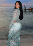 Sexy Leopard Print Deep V-neck Waist-baring Tight Long Skirt Suit