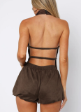 Sexy Faux Suede Halter Neck Top With Open Back and Flower Bud Shorts Two-piece Set