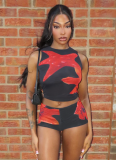 Casual Printed Round Neck Sleeveless Navel Top Shorts Two-piece Set