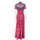 Red Elegant Print Ruched O Neck Long Dresses