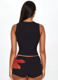 Casual Printed Round Neck Sleeveless Navel Top Shorts Two-piece Set