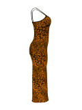 Sexy Leopard Print Backless Slit Spaghetti Strap Long Dresses
