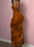 Sexy Leopard Print Backless Slit Spaghetti Strap Long Dresses