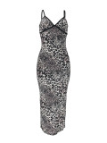 Sexy Leopard Print Backless Slit Spaghetti Strap Long Dresses