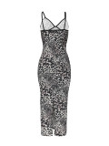 Sexy Leopard Print Backless Slit Spaghetti Strap Long Dresses