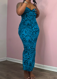 Sexy Leopard Print Backless Slit Spaghetti Strap Long Dresses