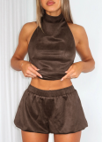 Sexy Faux Suede Halter Neck Top With Open Back and Flower Bud Shorts Two-piece Set