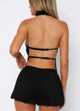 Sexy Faux Suede Halter Neck Top With Open Back and Flower Bud Shorts Two-piece Set