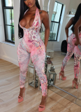 Sexy Hot Girl Sleeveless Leopard Print Deep V-neck Backless Tight Jumpsuit