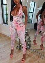 Sexy Hot Girl Sleeveless Leopard Print Deep V-neck Backless Tight Jumpsuit