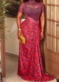 Red Elegant Print Ruched O Neck Long Dresses