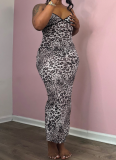 Sexy Leopard Print Backless Slit Spaghetti Strap Long Dresses