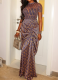 Purple Elegant Print Ruched O Neck Long Dresses