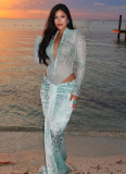 Sexy Leopard Print Deep V-neck Waist-baring Tight Long Skirt Suit