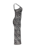 Sexy Leopard Print Backless Slit Spaghetti Strap Long Dresses