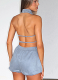 Sexy Faux Suede Halter Neck Top With Open Back and Flower Bud Shorts Two-piece Set