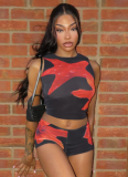 Casual Printed Round Neck Sleeveless Navel Top Shorts Two-piece Set