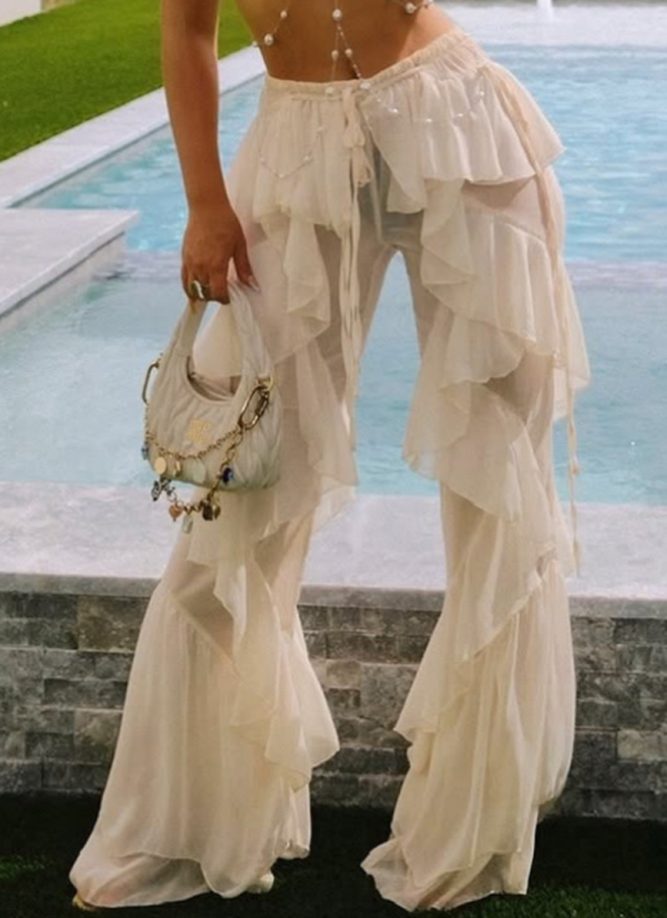 Fashionable Lace-up Stitching Ruffled Hot Girl Bootcut Pants
