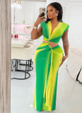Green Pleated Hollow Slim V-Neck Tie Hip Dress